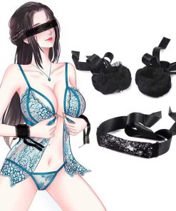 เซตผ้าปิดตาและผ้าผูกข้อมือ ผ้าลูกไม้ซีทรูสีดำ